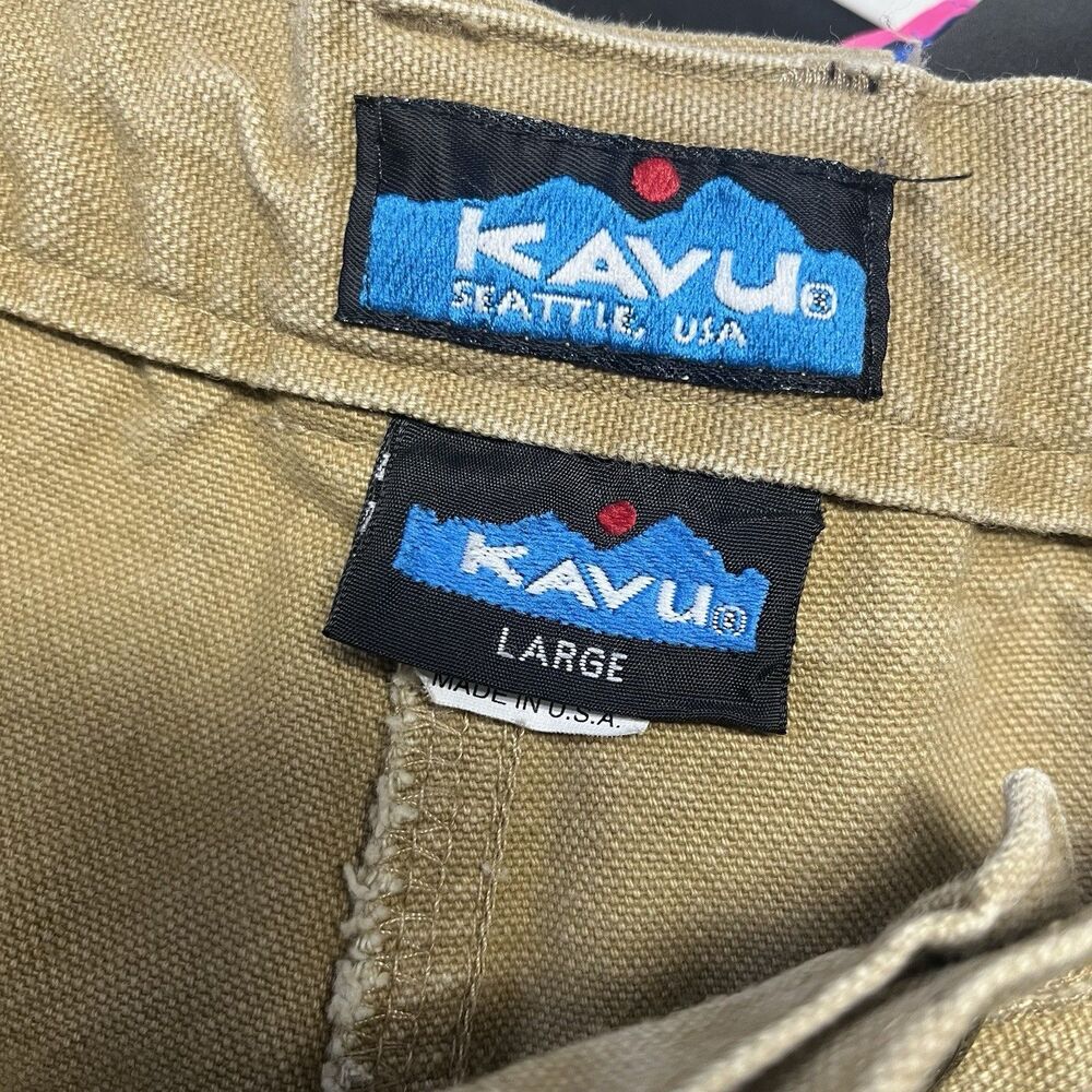 Vtg KAVU Chilliwack Canvas Khaki Belted Climbing *Cut Off* Pants Short Large USA - Picture 9 of 13